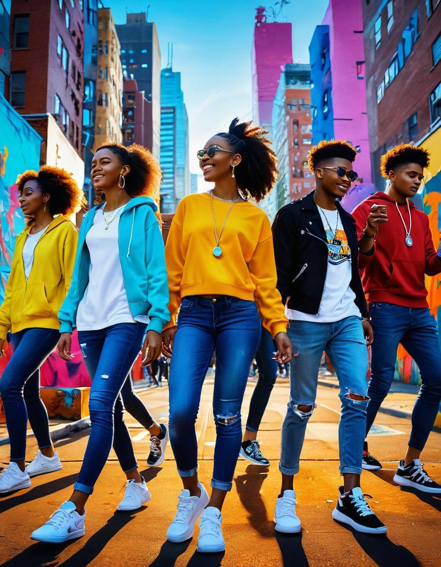 A vibrant scene depicting diverse young individuals engaging in various cultural activities like music, dance, and art creation, surrounded by colorful street art and modern cityscapes. Include symbols of technology like smartphones and wearables to represent lifestyle trends. Emphasize a sense of empowerment and connection among the youth. super-realistic. vibrant colors. urban background.