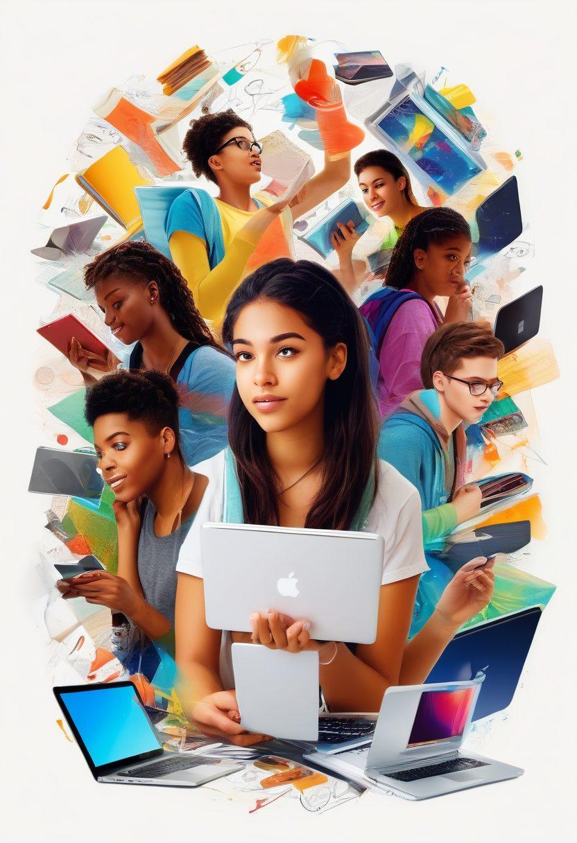 A vibrant collage depicting diverse modern teens engaging in empowering activities like studying, exercising, and socializing. The background features elements representing technology, creativity, and personal growth, such as laptops, sports gear, and books. Bright colors and a dynamic, energetic atmosphere to convey positivity and motivation. super-realistic. vibrant colors. white background.