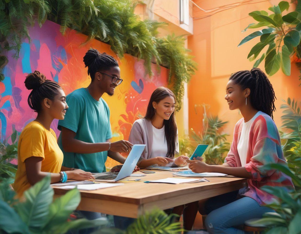 A dynamic scene depicting diverse young people engaged in creative activities, symbolizing empowerment and innovation. Show them brainstorming ideas, using technology, and collaborating in an urban setting filled with murals and greenery. Incorporate elements of lifestyle changes, like sustainable fashion and digital tools. The atmosphere should be vibrant and uplifting, radiating positivity and energy. vector art. vibrant colors.